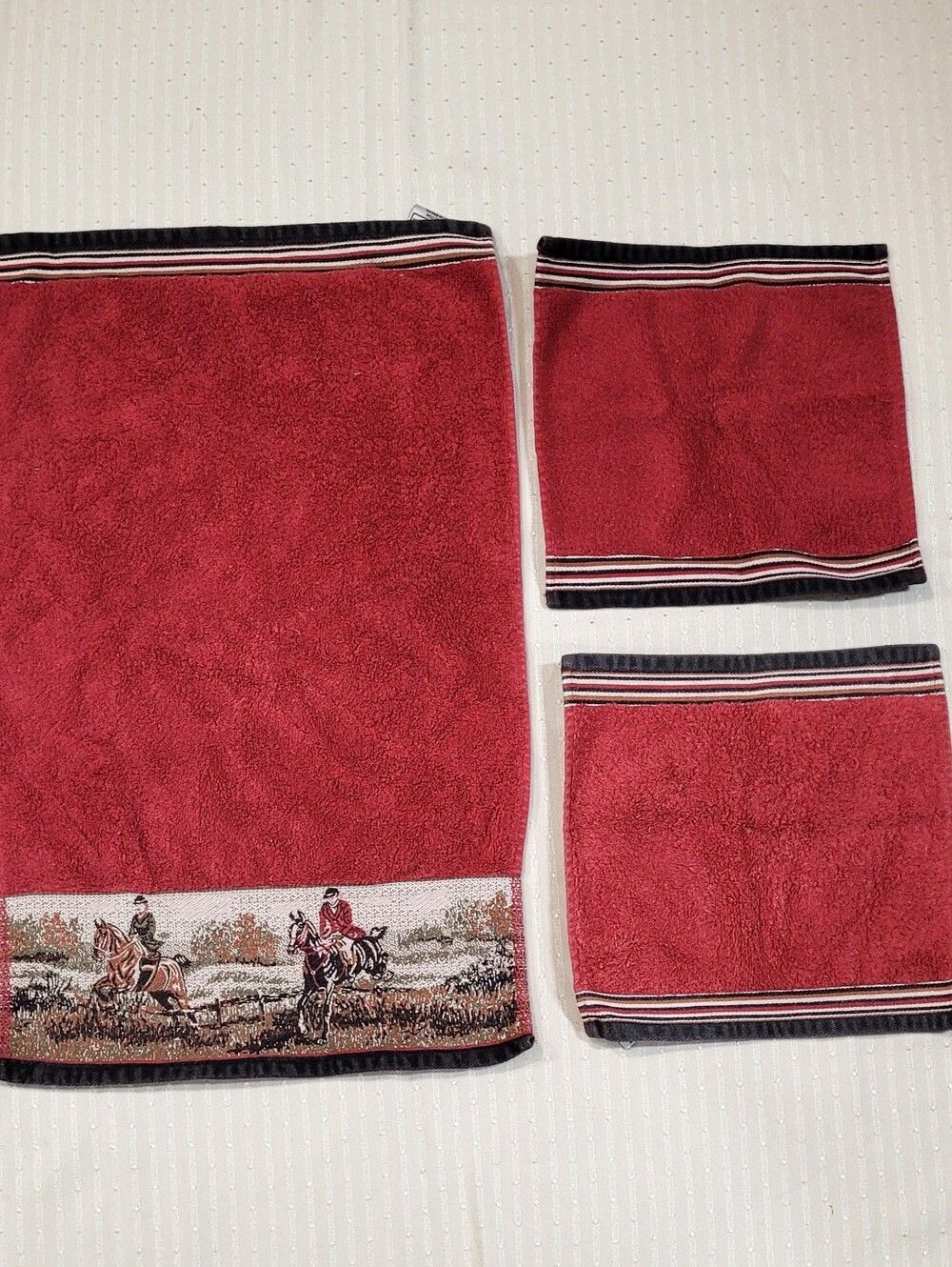 Vintage 1990s Contessa Pietro Borgese Red Fox Hunt Red Equestrian Border Towels